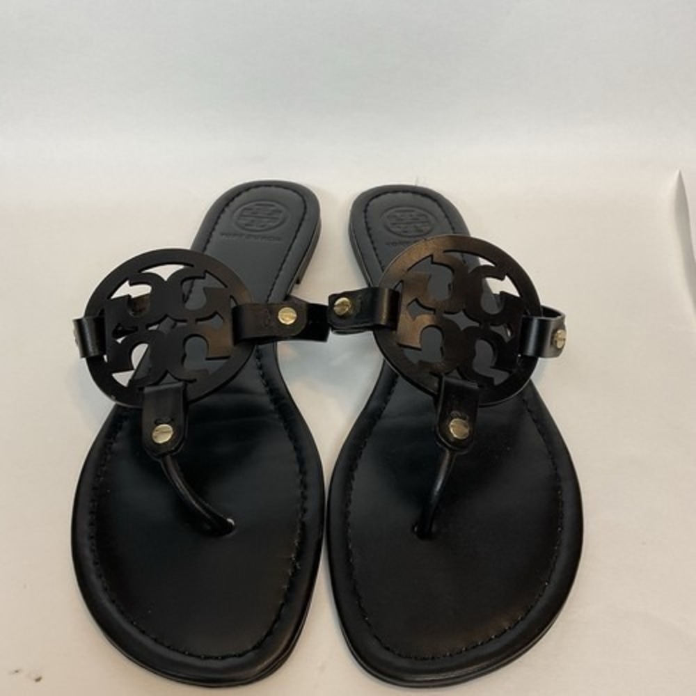 Tory Burch Miller Black Logo SlipOn Flat Thong Sandals Women 11M Brazil Leather - Picture 10 of 11